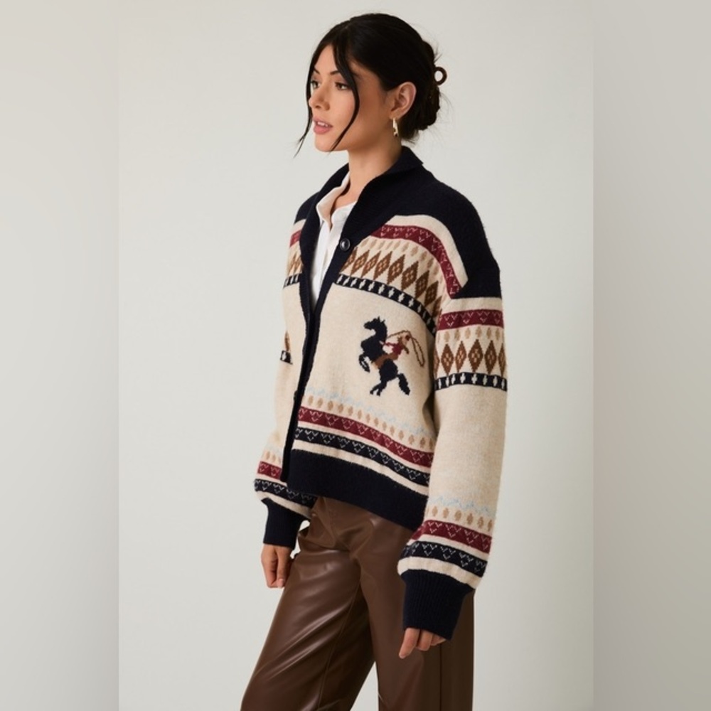 Western Horse & Cowgirl Fair Isle Cardigan Sweater - Sunday Edition - Picture 5 of 9